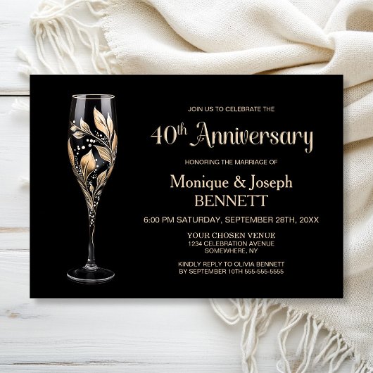 Invitation Champagne Glass Gold Leaf 40th Wedding Anniversary