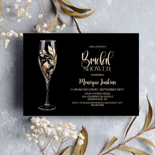 Invitation Champagne Glass Gold Leaf Bridal Shower