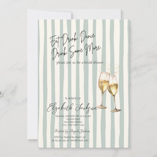Invitation Champagne Glass Green Stripes Bridal Shower (Devant)