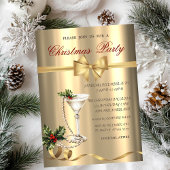 Invitation Champagne Glass Pearls Bow Gold Christmas Party