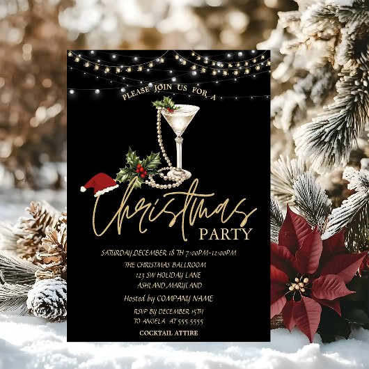 Invitation Champagne Glass Pearls Santa Hat Christmas Company