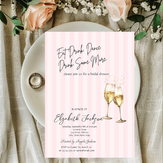 Invitation Champagne Glass Pink Stripes Bridal Shower