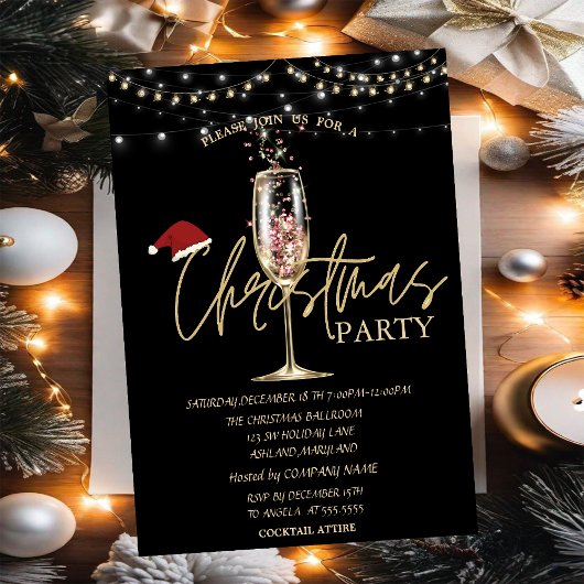 Invitation Champagne Glass Santa Hat Christmas Company