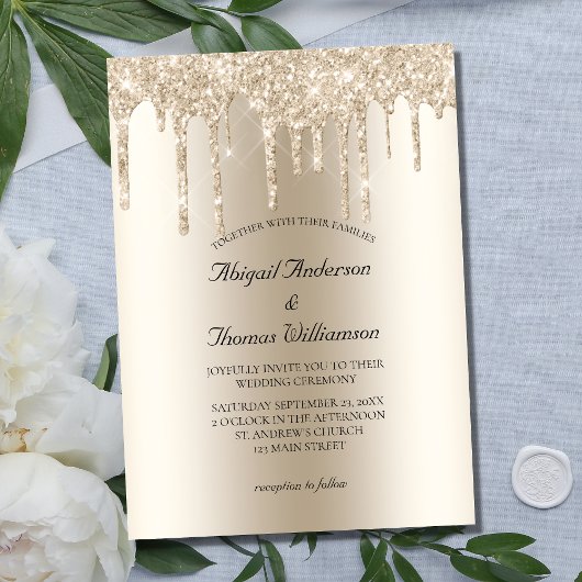 Invitation Champagne Glitter Drip Trendy Elegant Wedding 