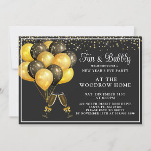 Invitation Champagne Gold Black Balloons Réveillon du Nouvel 