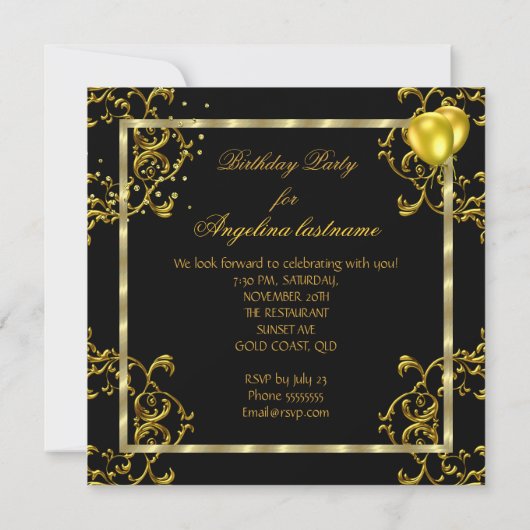 Invitation Champagne Gold Black Parties scintillant talons An (Dos)