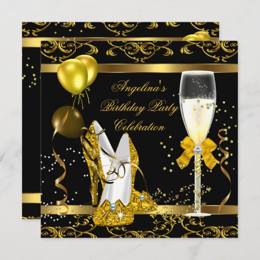 Invitation Champagne Gold Black Parties scintillant talons An (Devant / Derrière)