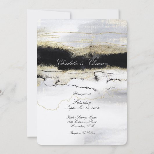 Invitation Champagne Gold Black White Aquarelle Mariage (Devant)