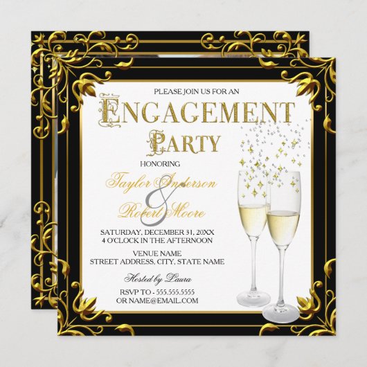 Invitation Champagne Gold Black White Engagement Photo (Devant / Derrière)
