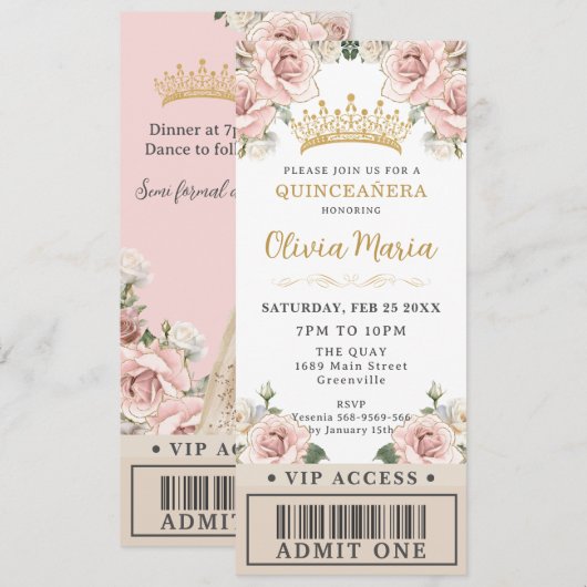 Invitation Champagne Gold Blush Floral Quinceañera VIP Ticket (Devant / Derrière)