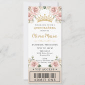 Invitation Champagne Gold Blush Floral Quinceañera VIP Ticket (Devant)