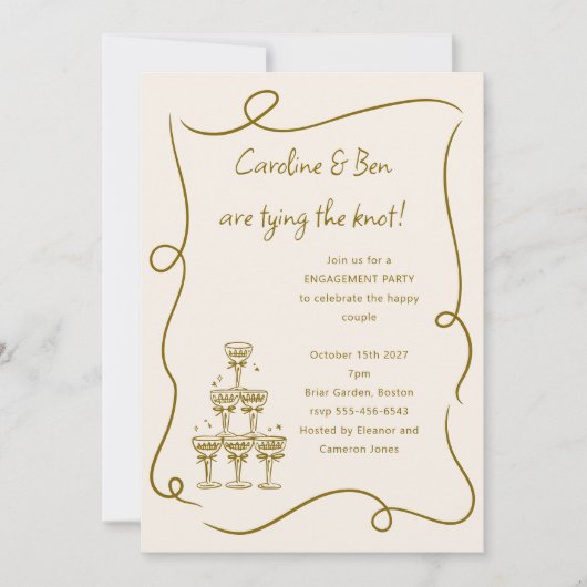 Invitation Champagne Gold Doodle Partie d'engagement manuscri (Devant)