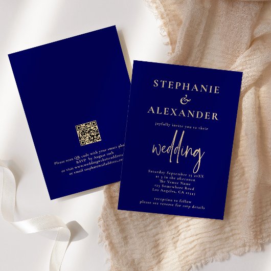 Invitation Champagne Gold Marine Blue QR Code Mariage
