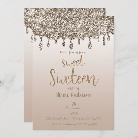 Invitation Champagne Gold Parties scintillant Drip Glam Sweet (Devant / Derrière)