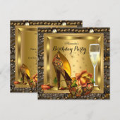 Invitation Champagne Gold Roses talons Élégante fête d'annive (Devant / Derrière)