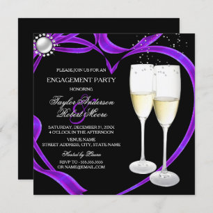 Invitation Champagne & Heart Engagement Party Purple