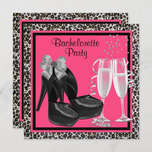 Invitation Champagne High Heures Hot Pink Leopard Bachelorett (Devant / Derrière)