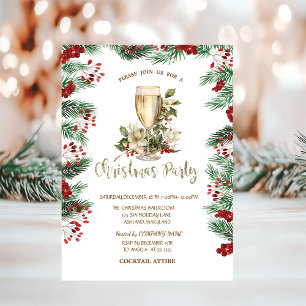 Invitation Champagne Holly Berry Poinsettia Noël