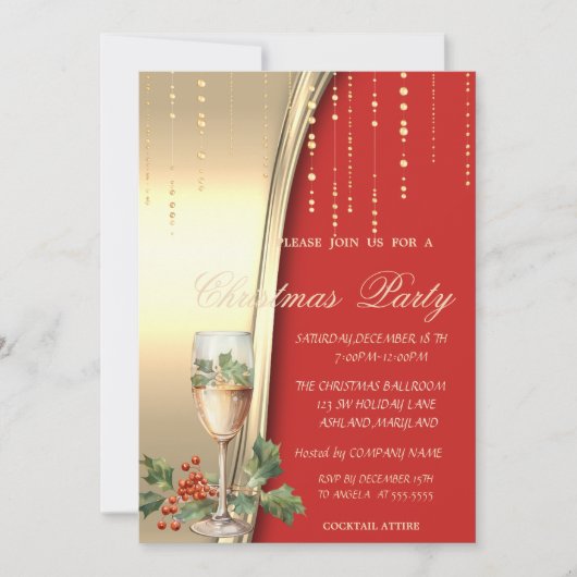 Invitation Champagne Holly Berry, Rouge, Gold Corporate Party (Devant)