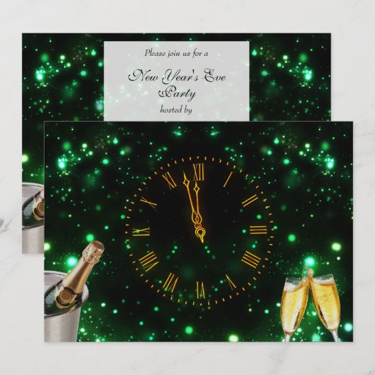 Invitation Champagne & Horloge Réveillon du Nouvel An (Devant / Derrière)
