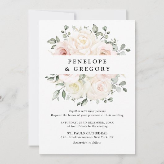 Invitation Champagne Ivory Blush rose Floral Mariage (Devant)
