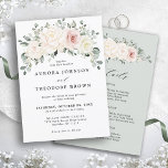 Invitation Champagne Ivory Blush rose Floral Mariage<br><div class="desc">Faire-part de mariage fleurie ivoire avec détails sur le dos avec élégant bouquet de pêche, blanc, or, ivoire de champagne, rose couleur rousse, bourgeons de fleurs ranunculus et feuilles d'eucalyptus vert sauge et élégant bouquet d'aquarelle. Veuillez me contacter pour toute aide sur la personnalisation ou si vous avez besoin d'un...</div>