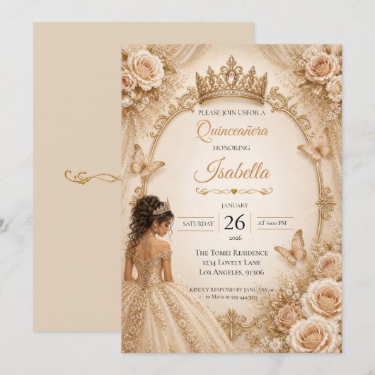 Invitation Champagne Ivory Quinceañera  (Devant / Derrière)