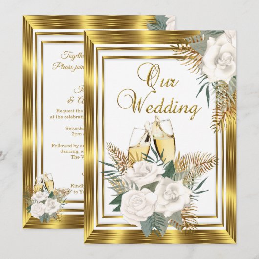 Invitation Champagne mariage Golden White Rose Gold 2 (Devant / Derrière)