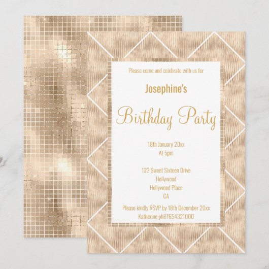 INVITATION CHAMPAGNE MÉTALLIQUE ET GOLD À L'ANNIVERSAIRE PERS (Devant / Derrière)