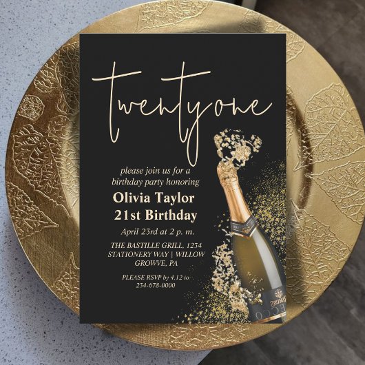 Invitation Champagne moderne Black and Gold 21e anniversaire