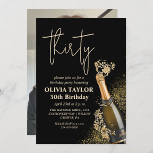 Invitation Champagne moderne Black and Gold 30th Birthday