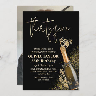 Invitation Champagne moderne Black and Gold 35th Birthday