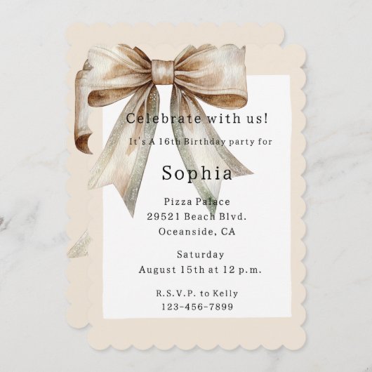 Invitation Champagne Moss Bow 16e anniversaire (Devant / Derrière)
