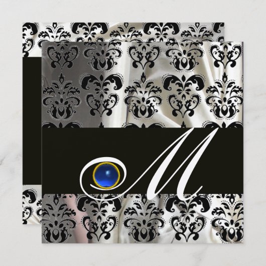 INVITATION CHAMPAGNE NOIR DAMASSÉ EN SOIE MONOGRAMME SAPPHIR (Devant / Derrière)