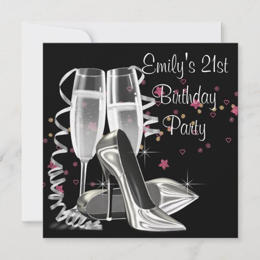 Invitation Champagne noir talons hauts 21ème anniversaire (Devant)