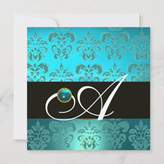 INVITATION CHAMPAGNE NOIRE BLEU TURQUASE DAMASK MONOGRAM (Devant)