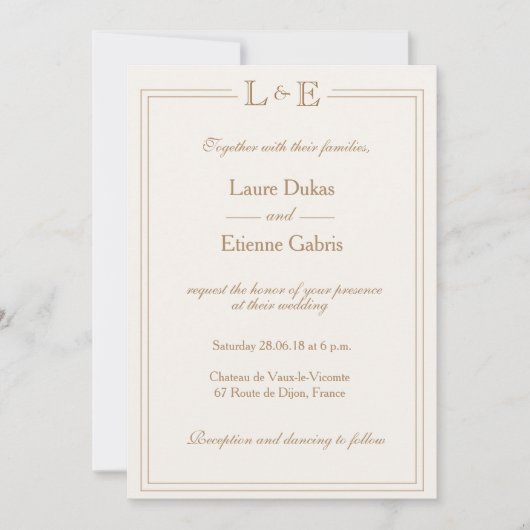 Invitation Champagne or Monogram blanc chic mariage moderne (Devant)