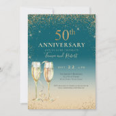 Invitation Champagne Pailleté Or Sarcelle 50e Anniversaire (Devant)