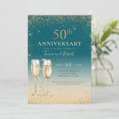 Invitation Champagne Pailleté Or Sarcelle 50e Anniversaire (Debout devant)