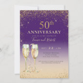 Invitation Champagne Paillette Or Violet 50e Anniversaire (Devant)