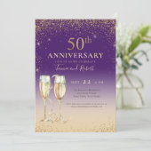 Invitation Champagne Paillette Or Violet 50e Anniversaire (Debout devant)