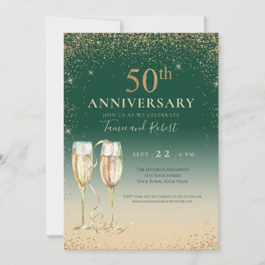 Invitation Champagne Parties scintillant d'or verte 50e anniv (Devant)