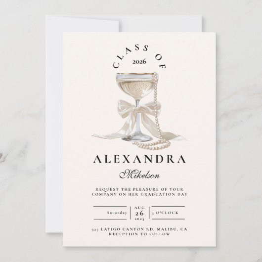 Invitation Champagne Pearl Bow Graduation (Devant)