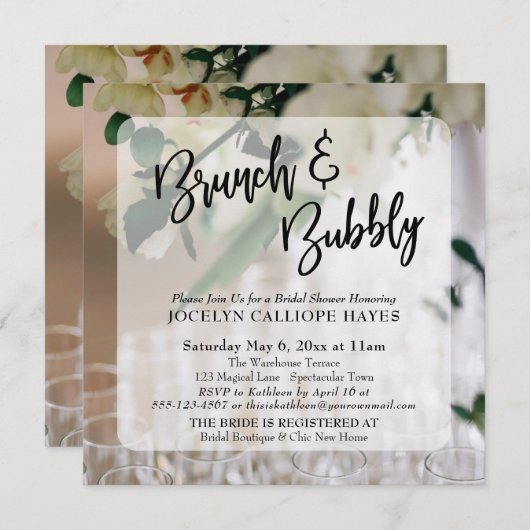 Invitation Champagne Photo Brunch & Bubbly Écriture manuscrit (Devant / Derrière)