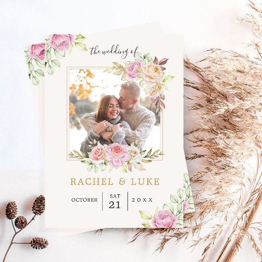 Invitation Champagne PHOTO Floral Style Mariage