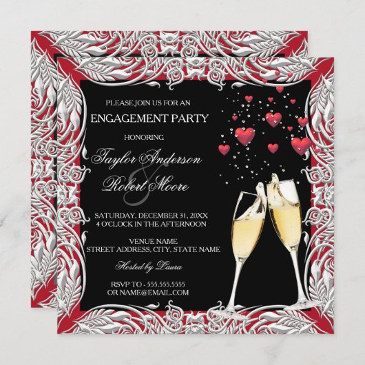 Invitation Champagne Red Heart Engagement Party (Devant / Derrière)