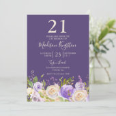 Invitation Champagne Rose blanche violet 21ème anniversaire (Debout devant)