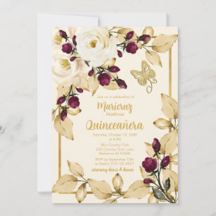 Invitation Champagne Rose Bourgogne Buds Or Papillon Feuille