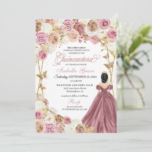 Invitation Champagne Rose Gold Butterfly Princess Quinceanera (Debout devant)
