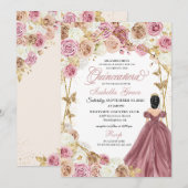 Invitation Champagne Rose Gold Butterfly Princess Quinceanera (Devant / Derrière)